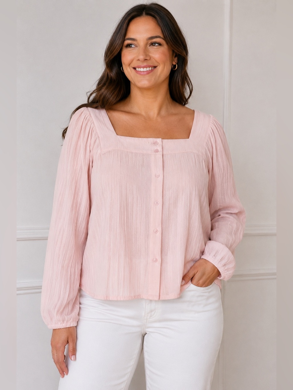 New Loft Oversized Square Neck Pink Top Long‎ Sleeve Small Spring Minimalist